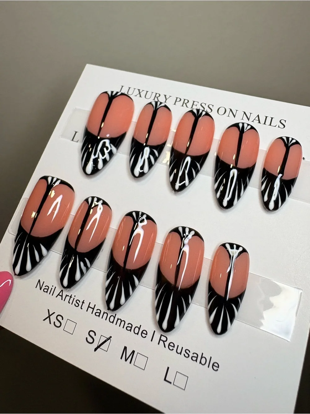 Peach and Black Hand-Painted Press-On Nails